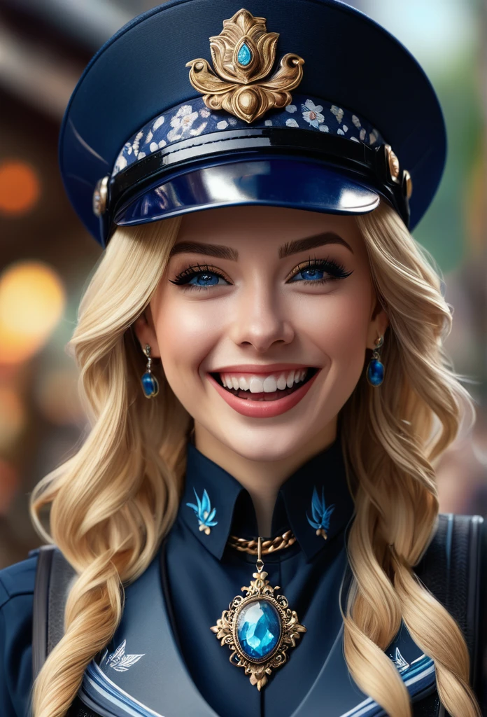 Masterpiece, best quality, high quality, very detailed CG uniform 8k wallpaper, 1girl, solo, blonde hair, tattoo, long hair, jewelry, smile, necklace, looking at the audience, hat, realistic, open mouth, teeth, upper body, vest, nose, bare shoulders, artist name, collarbone, arm tattoo, blue eyes, lips, blur, oil painting, award winning photography, bokeh, depth of field, HDR, bloom, chromatic aberration, realism, very detailed, artstation Intricate, High Detail, dramatic, art by midjourney