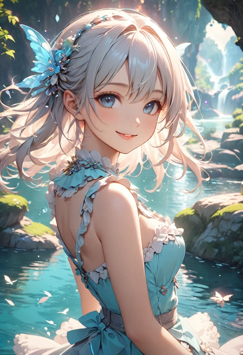 Highest quality, Highest quality, 16K, Unbelievably absurd, Very detailed, 2.5D, delicate and dynamic,pale,Cool colors,A Kind World,River side,Fantasy,One Girl,18-year-old,sexy,smile,Cute,Upper Body