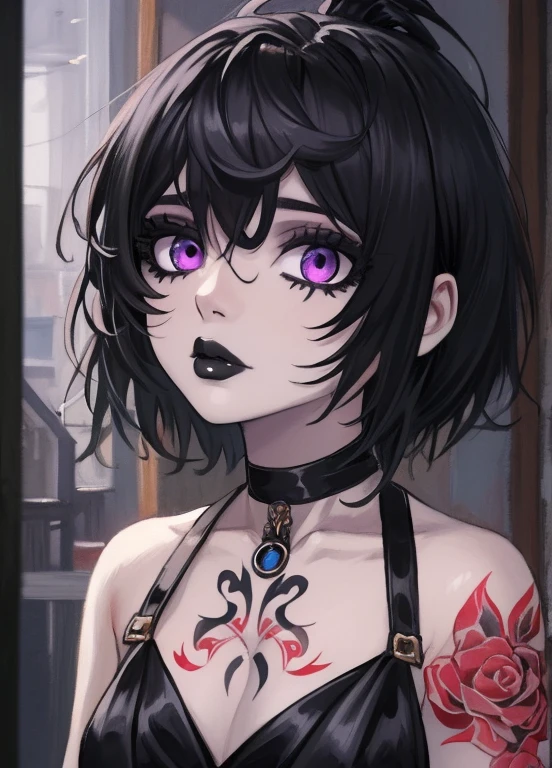 masterpiece,(best quality,top quality,8k),illustration,painting,detailed eyes and face,(1girl), purple eyes, black hair, messy hair, short hair, hair between eyes,(tatto:1.2), wolfcut, pixie cut, goth, gothic, choker, black lips, (black dress:1.1)