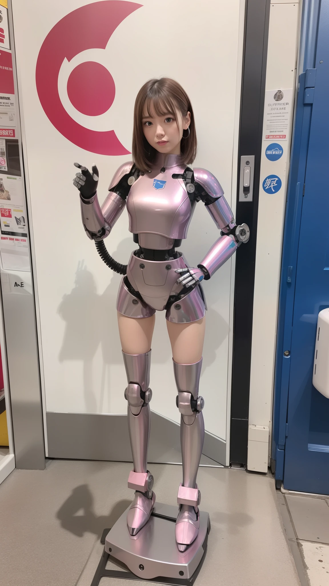 Robot Girl, pink, Silver, Metallic body, Robot Parts, Metal Parts, Super Detailed Face, Super well-formed face, of the highest quality, a small face, a small head, Brown hair, Slender body, Camera gaze, Internal Mechanical Exposure, Idol, front facing, Well-proportioned body, sale, Exhibited, Event Hall, Moe Pose, pink metallic Princess dress machine armor, Standing with legs open, Model body type, sad, Embarrassing,(Perfect Robot Girl),(Perfect machine body)