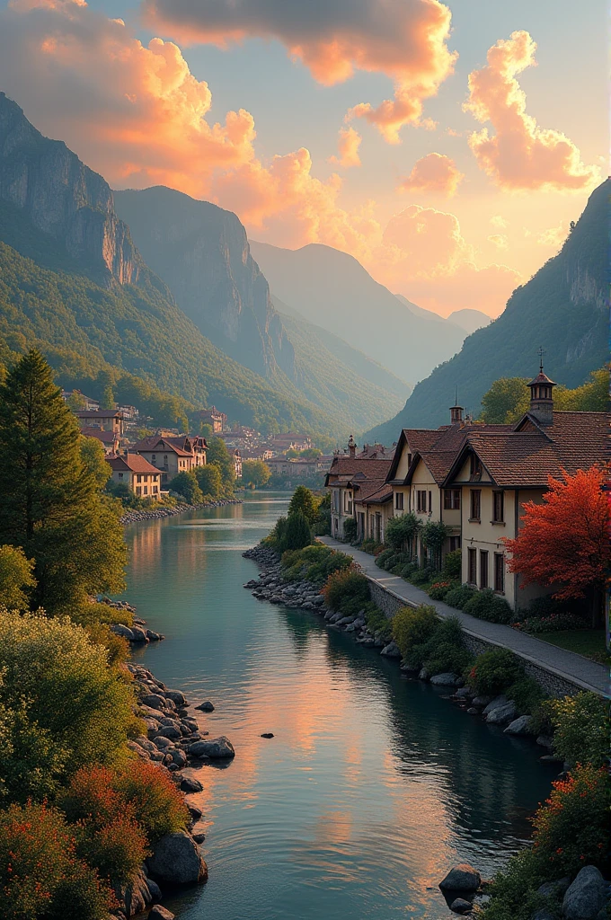 a small village by the river, mountains in the background, floral flowers colorful, detailed landscape, Beautiful natural landscapes, atmospheric lighting, scorching sunset, warm colours, practical, photopractical, Detailed Foliage, complex buildings, cobblestone street, Charming country house, swirly vibrant colors, lush vegetation, Still water reflections, Picturesque, idyllic, work of art, best qualityer, 8k, extremely detaild,realistic styling