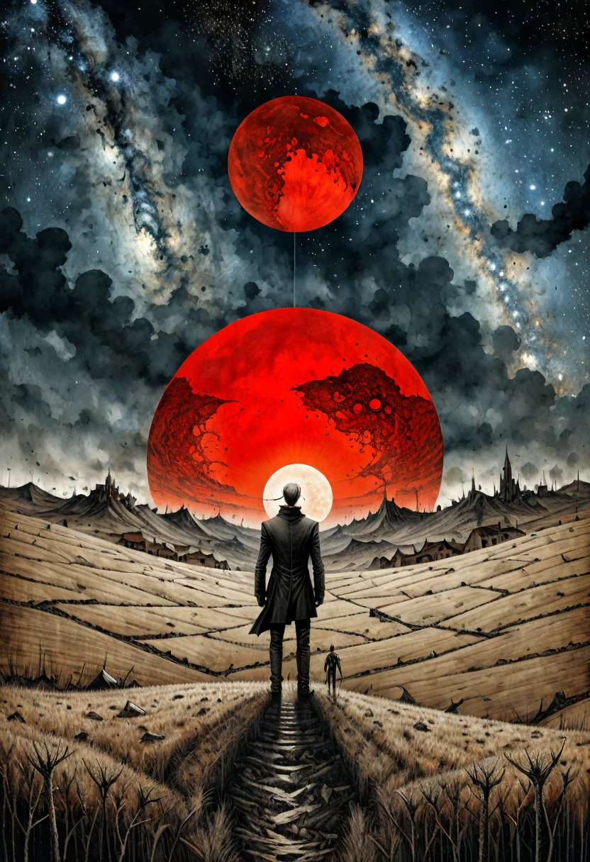 Santiago Caruso style,linear delusion, Collage art：Man standing in a field，Behind me is a huge red sun，Fantasy art, Milky Way,figure, vector