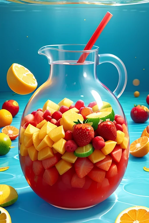 You can create a super large fruit juice jug with lots of chopped fruits floating in the middle of the sea.