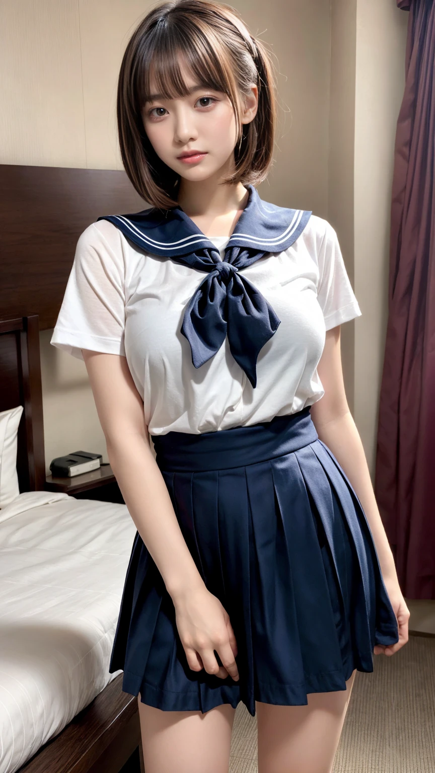 masterpiece, best quality, illustration, Super detailed, fine details, High resolution, 8K,wall paper, perfect dynamic composition,(Details High quality, realistic depiction of eyes:1.3), short hair, Black Sailor Uniform, serafuku, Navy pleated skirt, huge breasts, black hair color, Big Natural Color Lip, bold sexy pose, crying a little、 Harajuku style、20 year old girl、cute type、lolita、beautiful legs, hotel room, full body photo、focus on crotch, hposing Gravure Idol