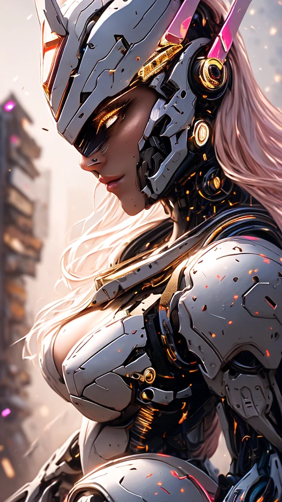 Medium shot of sexy female cyborg wearing scratched and discolored futuristic armor in a destroyed futuristic city, fancy, fancy과학, Beautiful female face, fascinating, result, Fog, Bright, alluring eyes, A masterpiece of the highest quality, realistic, detailed, 8k, HDR, shallow depth of field, wide light, high contrast, backlight, flower, light twinkles, chromatic aberration, sharp focus, RAW color photos