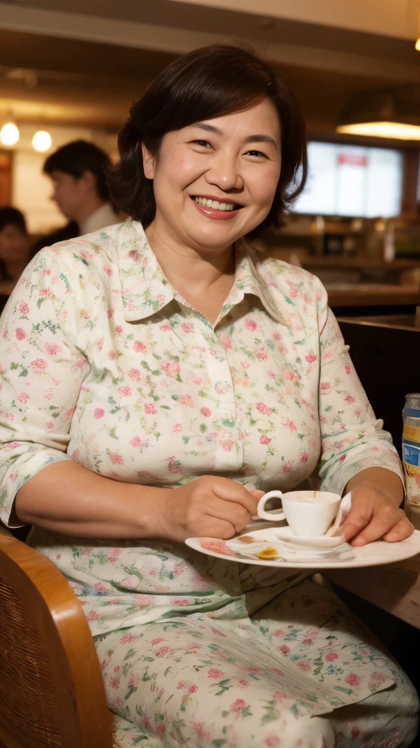 8k wallpaper, masterpiece, Highest quality, Very detailed, One Mature Woman, 50 years old, Become very clear, Wearing a spring-like shirt, Skin dents, Captivating smile, Looking at the audience, , Plump, Curvaceous, Attractive face, Smiling with teeth showing, I was happy, sitting in a cafe, Background Blur