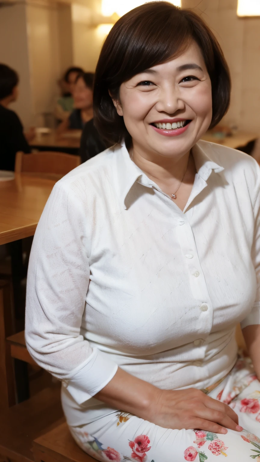 8k wallpaper, masterpiece, Highest quality, Very detailed, One Mature Woman, 50 years old, Become very clear, Wearing a spring-like shirt, Skin dents, Captivating smile, Looking at the audience, , Plump, Curvaceous, Attractive face, Smiling with teeth showing, I was happy, sitting in a cafe, Background Blur