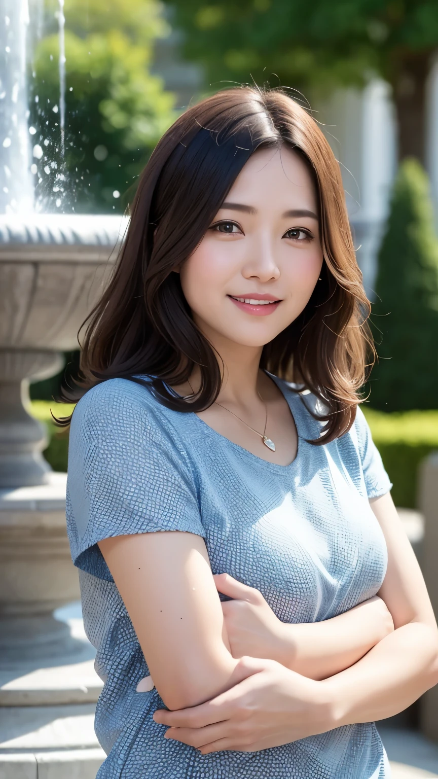 最high quality, In 8K, whole body, Real, Upper Body, high quality, High resolution, Detailed face, Detailed eyes, Thick lips, (Look at the viewers), alone, Middle-aged women, , 60 years old, , Wavy Hair, , Wearing short sleeves, Standing in front of a fountain, Wrinkles around the eyes, Smiling with teeth showing, Background Blur