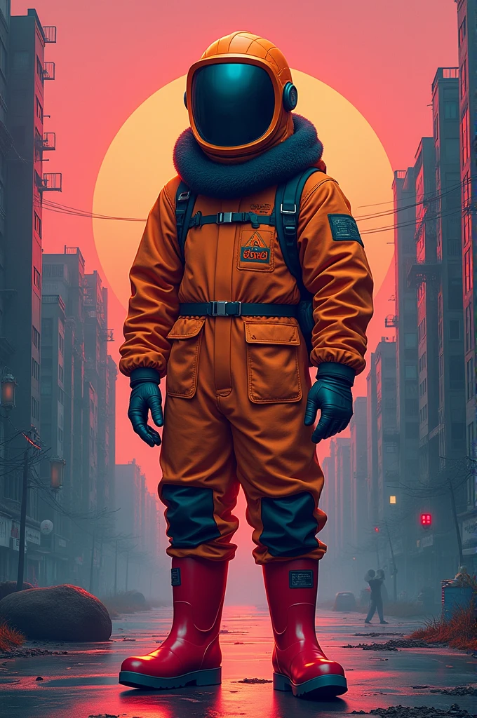 (ultra detailed,ultra high res,detailed background),((2D)),((flat color)),((muted color)),((floating neon)),1solo,looking at viewer, graffiti, hazmat suit, big red rain boots, plush scarf, full body image, square helmet