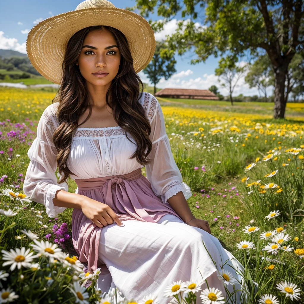 Generates a photograph of a beautiful 35-year-old Latin woman , naturally attractive, her eyes are blue. His eyebrows are bushy and thick.. has thick and fleshy lips. His skin is tanned, reflecting an intense golden tone. She has dark brown hair, long and wavy with lighter highlights. She has a traditional Colombian outfit, Your traditional Colombian attire. The woman is wearing a white blouse and a typical Colombian hat made of straw.. The woman is relaxed resting in the middle of a garden of wildflowers in full bloom under a clear sky. The garden is full of a variety of colorful flowers, including daisies, chrysanthemums and marigolds in shades of red, yellow, pink and purple. The flowers are scattered in a vast field with winding dirt roads between them. Small labels with flower names are occasionally visible among the vegetation. The scene captures the vibrant diversity and natural beauty of a blooming garden on a sunny summer day