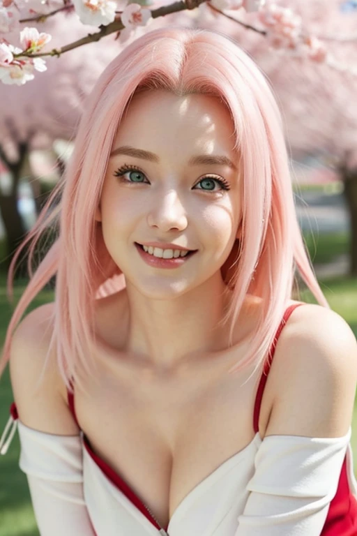 masterpiece, The best quality at its best, One girl, Haruno sakura, Large Breasts,Off-the-shoulder outfit,(Cleavage),(Upper body close-up),Raised to be , shy,smile,Pink Hair, Long white hair, (Green eyeball:1.4), Forehead Protection, Cherry tree,Fluttering cherry blossoms,Red clothes,Zipper half