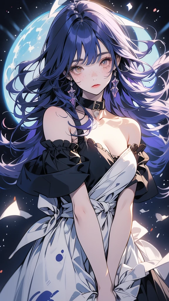 anime girl 20 years old with narrow yellow eyes, a smoll mole under the eye, bruises under the eye, inconspicuous freckles on the nose, straight dark purple-blue hair below the shoulders and oblique long bangs covering the left eye, pale skin, tired look, breasts of the second size, low height, 4k