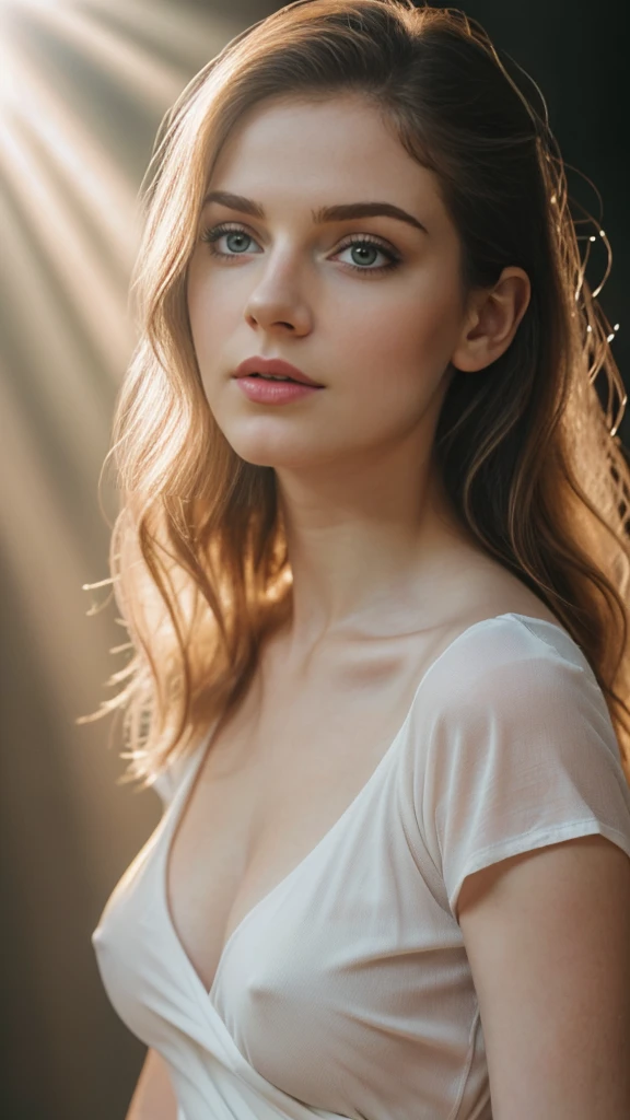(((ultra realistic))) Photo, masterpiece, top quality, (pale skin), (Ultra detailed face and eyes:1.3), 1 girl, Adult, in a T-shirt, full body, (Eye makeup, mascara) , ((large detailed lips)), ((ash wavy hair)), ((Chyolka)) , (Natural breasts), Slim waist. ((Posing)), photoshoot, studio (soft lighting), (The play of light and shadows), depth of field, bokeh, (special attention to skin detail: 1.2), Detailed leather texture, skin pores. (Airy atmosphere of the frame. Color range - delicate, Bright, white, Pink tones), UDR, ((Film grain)), ((rays)), ((glare of the sun)), ((waist up portrait, close to the camera)) , ultra detialed,