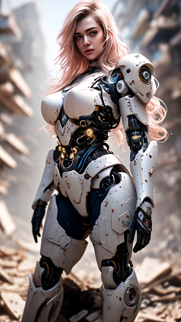 Medium shot of sexy female cyborg wearing scratched and discolored futuristic armor in a destroyed futuristic city, fancy, fancy과학, Beautiful female face, fascinating, result, Fog, Bright, alluring eyes, A masterpiece of the highest quality, realistic, detailed, 8k, HDR, shallow depth of field, wide light, high contrast, backlight, flower, light twinkles, chromatic aberration, sharp focus, RAW color photos