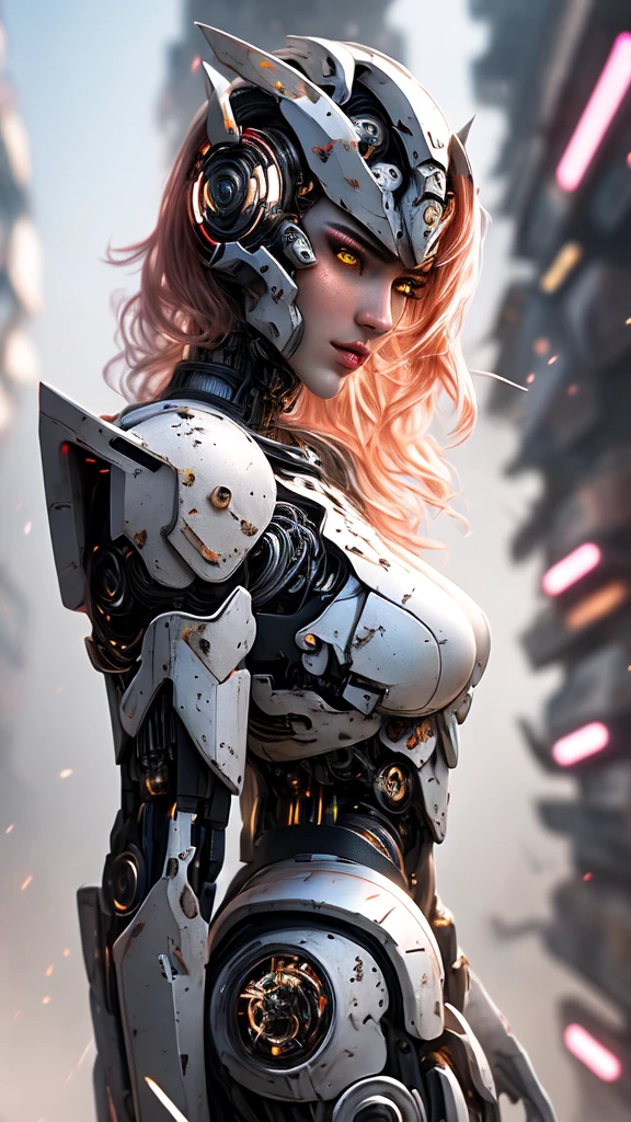 Medium shot of sexy female cyborg wearing scratched and discolored futuristic armor in a destroyed futuristic city, fancy, fancy과학, Beautiful female face, fascinating, result, Fog, Bright, alluring eyes, A masterpiece of the highest quality, realistic, detailed, 8k, HDR, shallow depth of field, wide light, high contrast, backlight, flower, light twinkles, chromatic aberration, sharp focus, RAW color photos