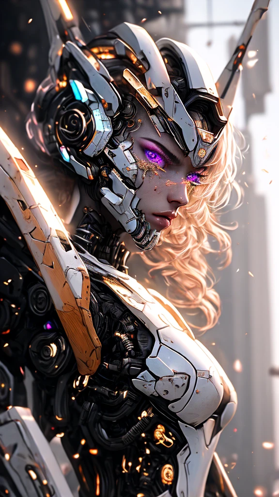 Medium shot of sexy female cyborg wearing scratched and discolored futuristic armor in a destroyed futuristic city, fancy, fancy과학, Beautiful female face, fascinating, result, Fog, Bright, alluring eyes, A masterpiece of the highest quality, realistic, detailed, 8k, HDR, shallow depth of field, wide light, high contrast, backlight, flower, light twinkles, chromatic aberration, sharp focus, RAW color photos
