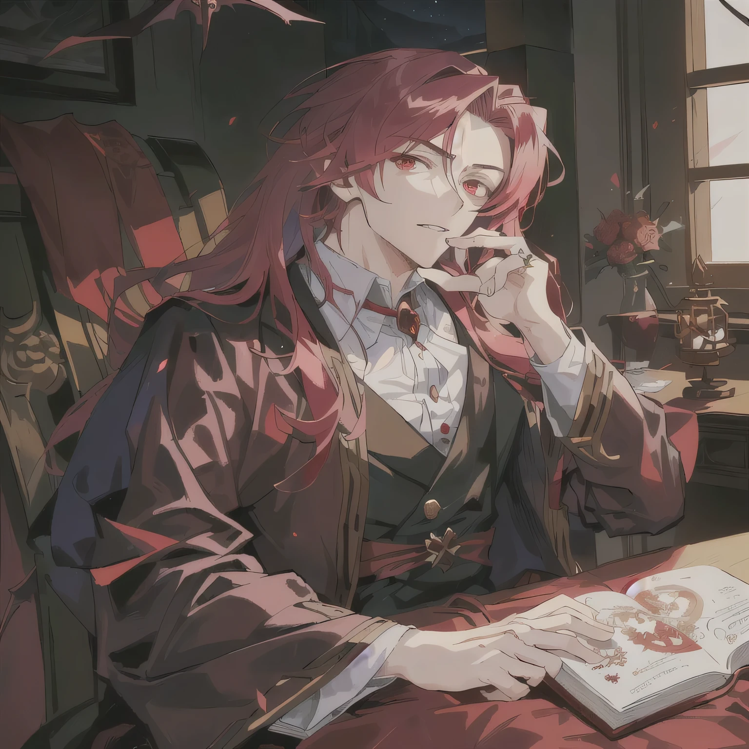 A cartoon-style man sitting at a table，Image of holding a book in hands, Male vampire, The handsome guy in Demon Slayer, Beautiful prince, I will also draw the fan, Portrait of a red magician, Demon Slayer Rui Fan Art, ( ( ( Yoshinari Night ) ) ), Arucardo, Alice x. open，Crazy Eyes 