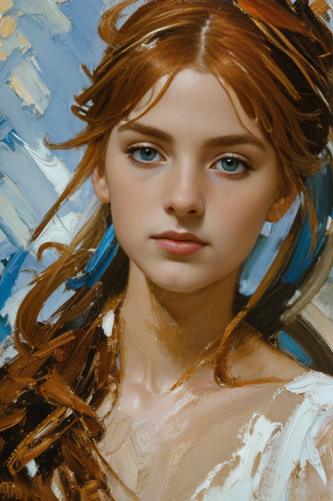 ModelShoot style, (Extremely detailed Cg Unity 8K wallpaper), A chaotic storm of intricate liquid smoke in the head, Stylized abstract portrait close-up of beautiful girl, Extremely colorful,Oil paints，acrycle painting，tmasterpiece，Renaissance style，best qualtiy，author：Petros Afshar, ross tran, tom whalen, Peter Mohrbacher, Art germ, Broken glasubbly underwater scenery)) Radiant light octane rendering is highly detailed, Ghibli, A girl with black snake, girl black eyes, red eyes snake, girl red hair, white skin, acrilic art, blue background, face close up