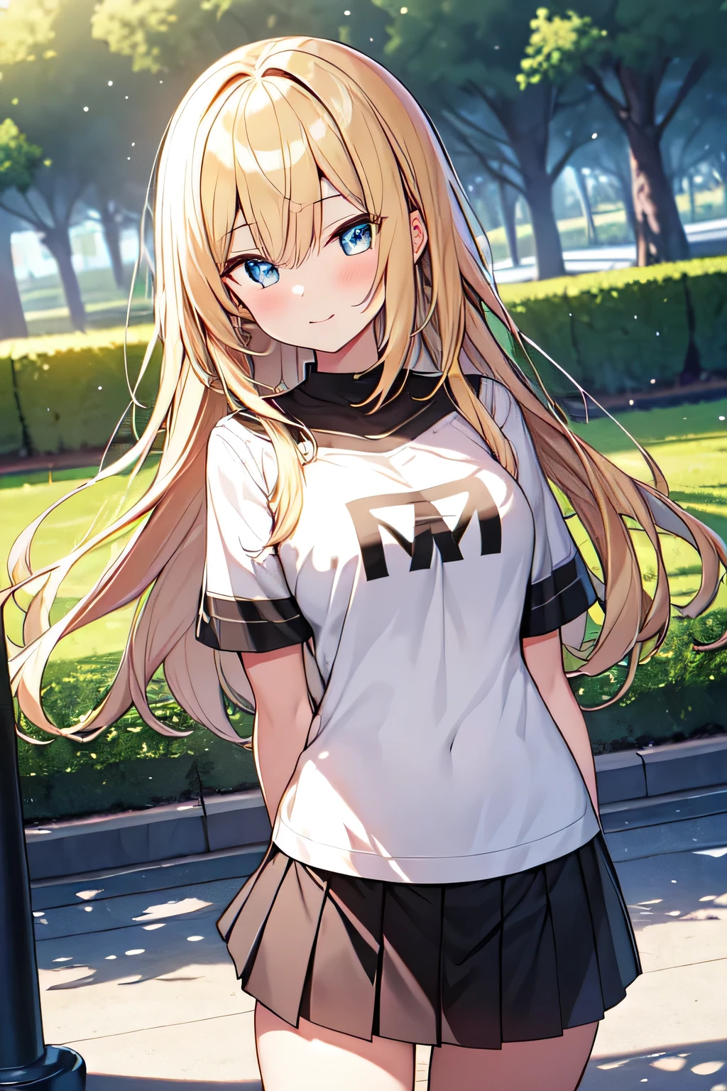 masterpiece,(High-quality depth maps:1.1), Highest quality, Very detailed,unity 8k wallpaper,crisp,(change:1.2),(Beautiful Eyes), ((cute)), cute, (Lovely), ((sexy)), (device),
(Ultra-detailed), (Best illustrations), (Best Shadow),whole body,A girl in a miniskirt being interviewed in the park.Blonde、Short sleeve T-shirt with half sleeves and buttons Alphabet print、