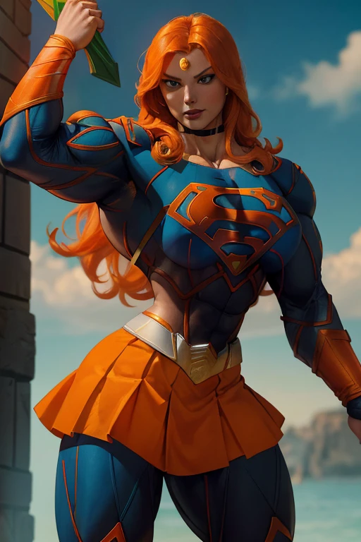 (((Close-up))), tall, (orange hair) beautiful muscular woman, long shaggy hair, pale white skinned, closed smile, large breast, (black lipstick), (massive muscles), (hyper muscle), ((ginormous bulky muscles)), green eyes, (((orange supergirl suit))), (orange supergirl skirt), gauntlets, choker, boots, (in fortress of solitude)