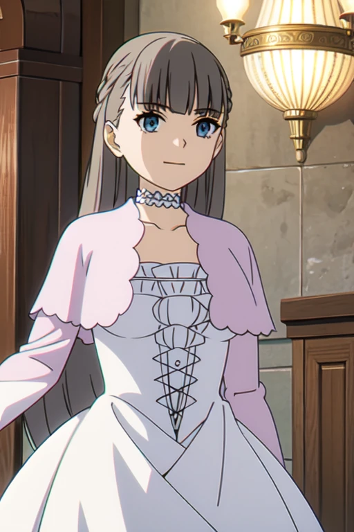 1lady solo, standing, (evening dress) stylish, long hem, (mature female:0.8), bangs, kind smile, (masterpiece best quality:1.2) delicate illustration ultra-detailed, large breasts BREAK (luxury venue) indoors, chandelier, detailed background，grey long hair(delicate eyes),(blue eyes),