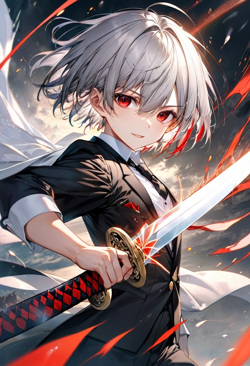 (hard battle style) (hand holding japanese long sword) (long sword with double exposure dark), (solo:2, 16 yo) (detailed cool crew cut silver hair very short hair) (smart divine sword fighter boy) (detailed cool red eyes) (cool serious face), in a butler suit with wind effect, break, in the battle open field, background black, BREAK, perfect anatomy, masterpiece, best quality, 16k, beautiful detailed grow, daydreaming expression.