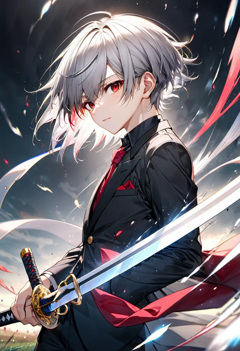 (hard battle style) (hand holding japanese long sword) (long sword with double exposure dark), (solo:2, 16 yo) (detailed cool crew cut silver hair very short hair) (smart divine sword fighter boy) (detailed cool red eyes) (cool serious face), in a butler suit with wind effect, break, in the battle open field, background black, BREAK, perfect anatomy, masterpiece, best quality, 16k, beautiful detailed grow, daydreaming expression.
