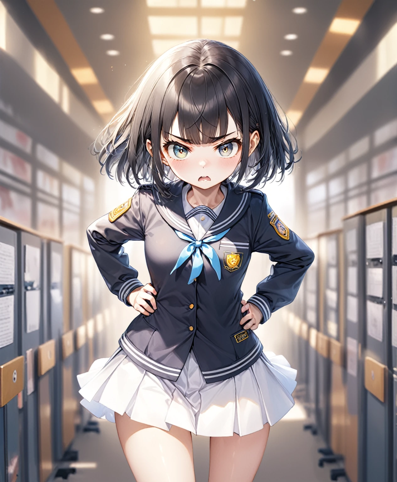 (Highest quality,8k,32K,masterpiece,Ultra-high resolution :1.2 ),born,One girl,Super cute,Natural light,Clear, shining eyes,20-year-old,Fair skin,School-like electronic world fantasy background,Black Hair,Bob Hair,Straight bangs,学born服,uniform,Angry expression,Hands on hips