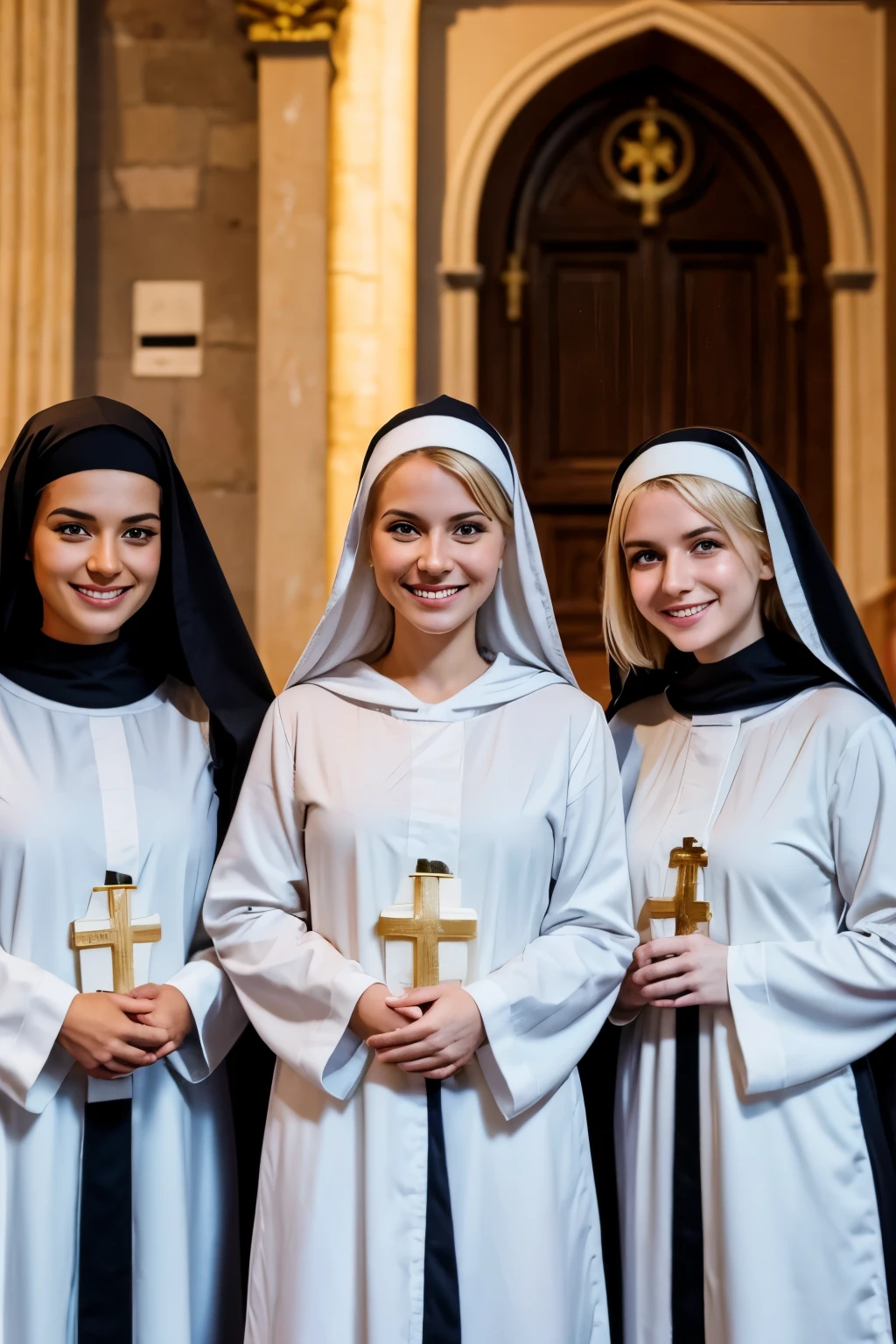 Group of cute italian girls、Blonde Hair、Smiling with teeth showing、Slim body、Monastic uniform、Nuns、Standing cuddly、In the church