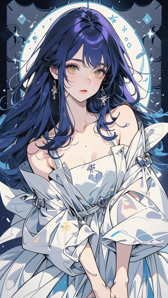 anime girl 20 years old with narrow yellow eyes, a smoll mole under the eye, bruises under the eye, inconspicuous freckles on the nose, straight dark purple-blue hair below the shoulders and oblique long bangs covering the left eye, pale skin, tired look, breasts of the second size, low height, 4k