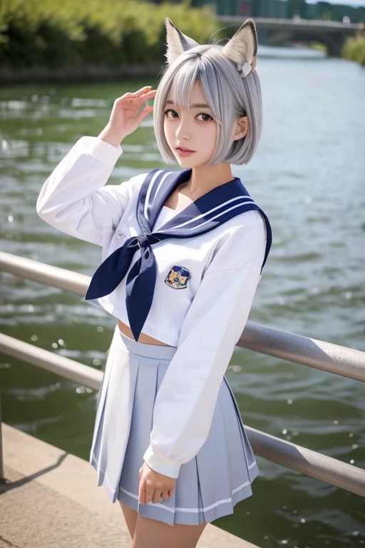 (Silver Hair))、((short hair))、Fox Ears、(Sailor suit:1.2),Best image quality、A strong wind blows my skirt away、Woman in skirt and sweater posing by a river, Chiho, Japanese Model, Beautiful images, Young beautiful gravure idol, Young Gravure Idol, , shikamimi, sakimichan, A young and slender gravure idol, Nakai Tsubasa&#39;style, Yoshitomo Na