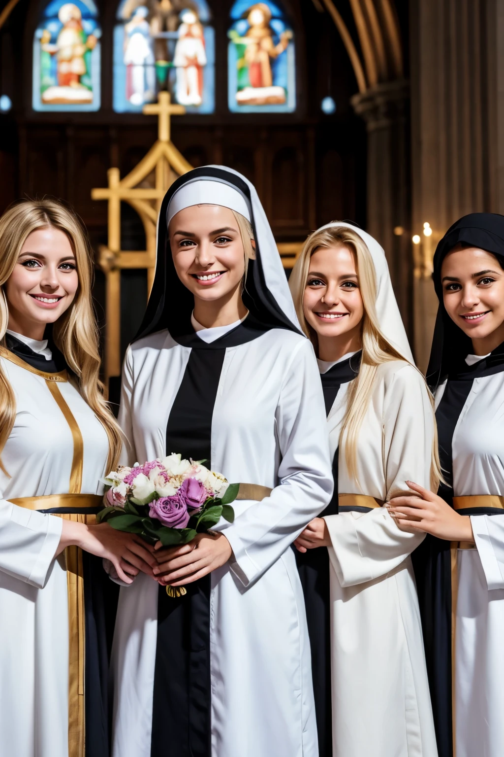 Group of cute italian girls、Blonde Hair、Smiling with teeth showing、Slim body、Monastic uniform、Nuns、Standing cuddly、In the church