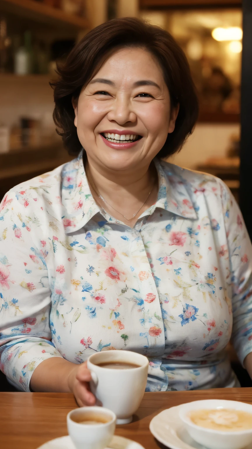 8k wallpaper, masterpiece, Highest quality, Very detailed, One Mature Woman, 50 years old, Become very clear, Wearing a spring-like shirt, Skin dents, Captivating smile, Looking at the audience, , Plump, Curvaceous, Attractive face, Smiling with teeth showing, I was happy, sitting in a cafe, Background Blur