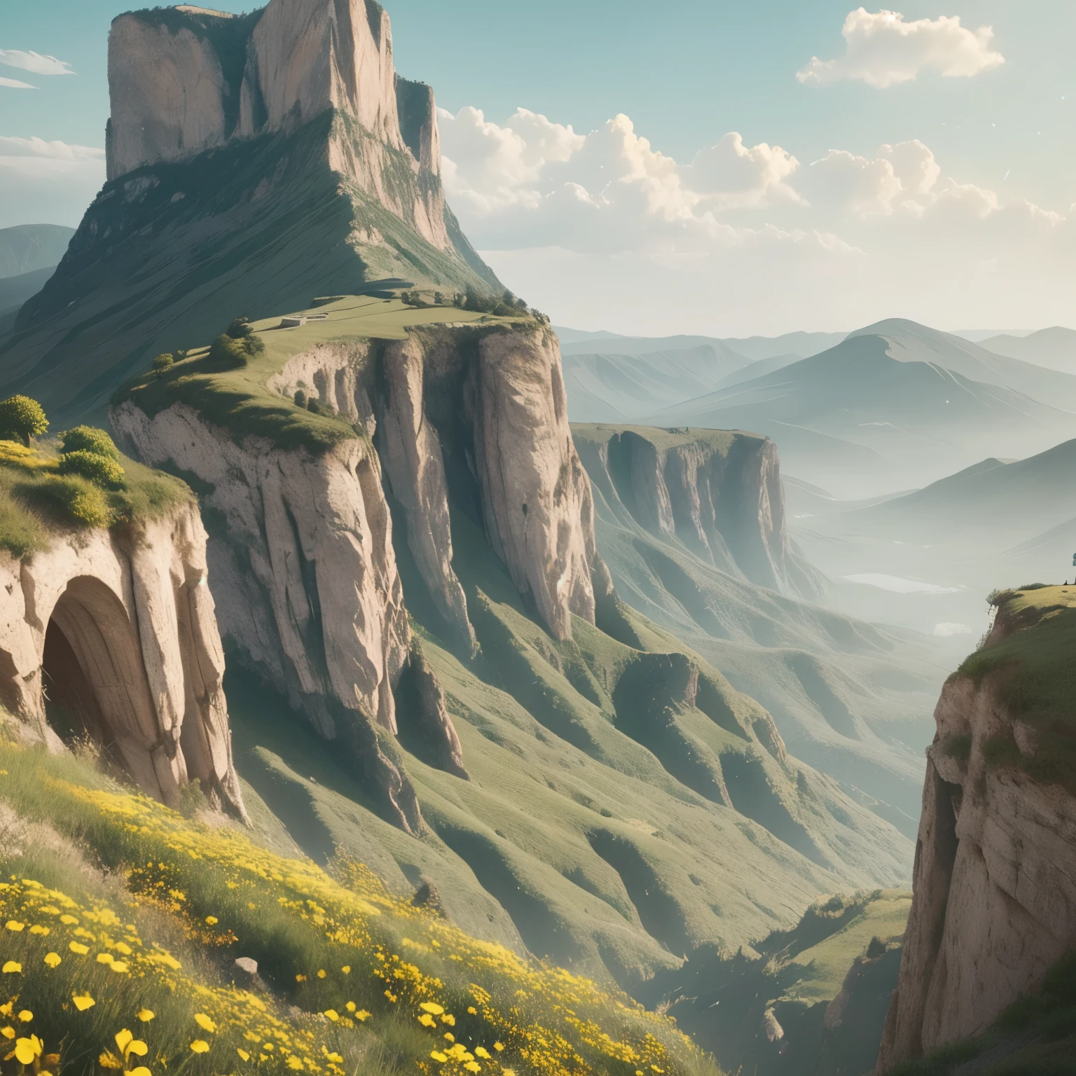 a cliff many flowers, colorful flowers, beautiful sky, matte painting 8k, matte paint 8K, vertical wallpaper 8K, vertical wallpaper 8K, vertical wallpaper 4K, vertical wallpaper 4K, lost series, realistic fantasy rendering, digital painting with 8K resolution, digital painting with 8K resolution, Jessica Rossier fantasy art, 4K rendered matte painting, matte paint rendered in 3D
