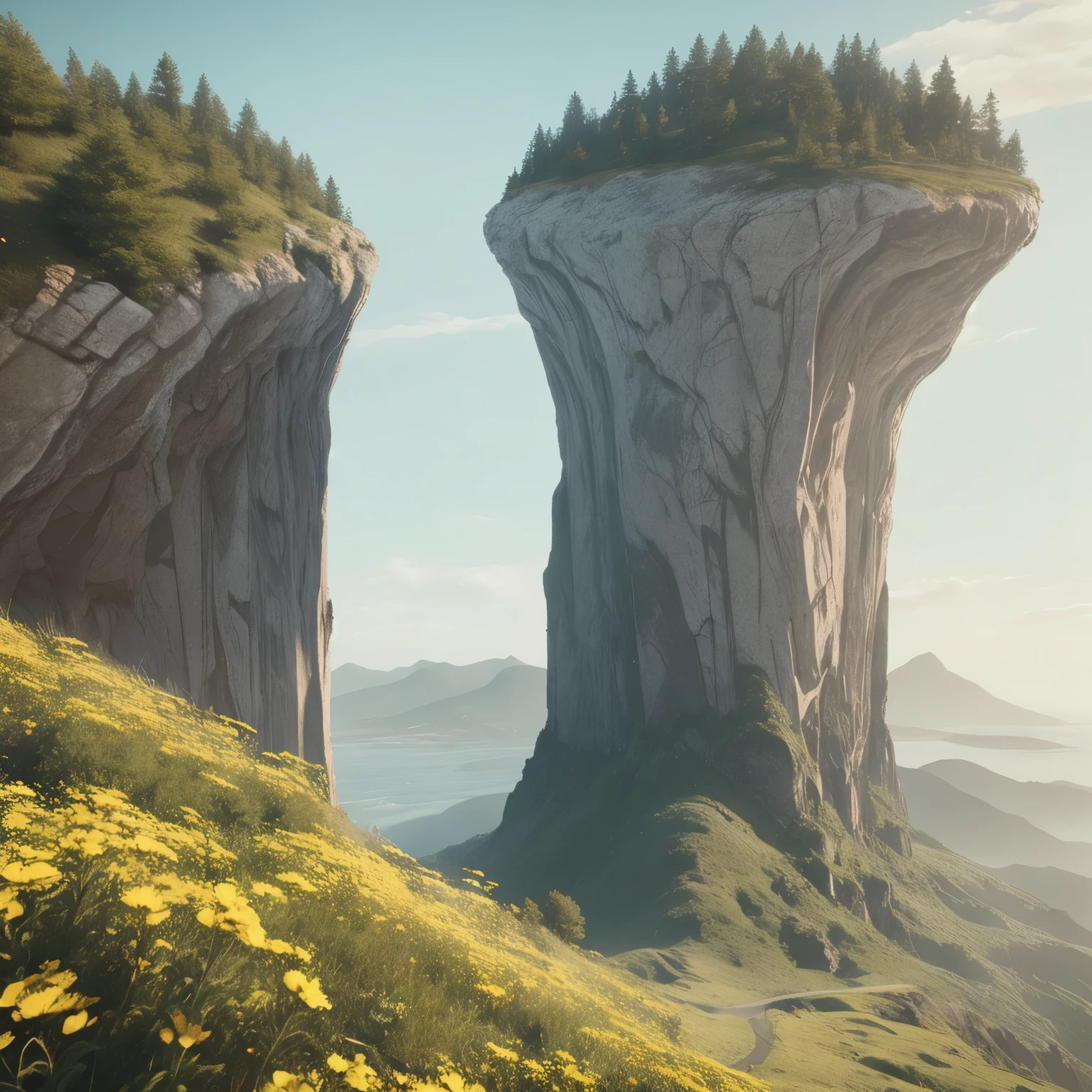 a cliff many flowers, colorful flowers, beautiful sky, matte painting 8k, matte paint 8K, vertical wallpaper 8K, vertical wallpaper 8K, vertical wallpaper 4K, vertical wallpaper 4K, lost series, realistic fantasy rendering, digital painting with 8K resolution, digital painting with 8K resolution, Jessica Rossier fantasy art, 4K rendered matte painting, matte paint rendered in 3D
