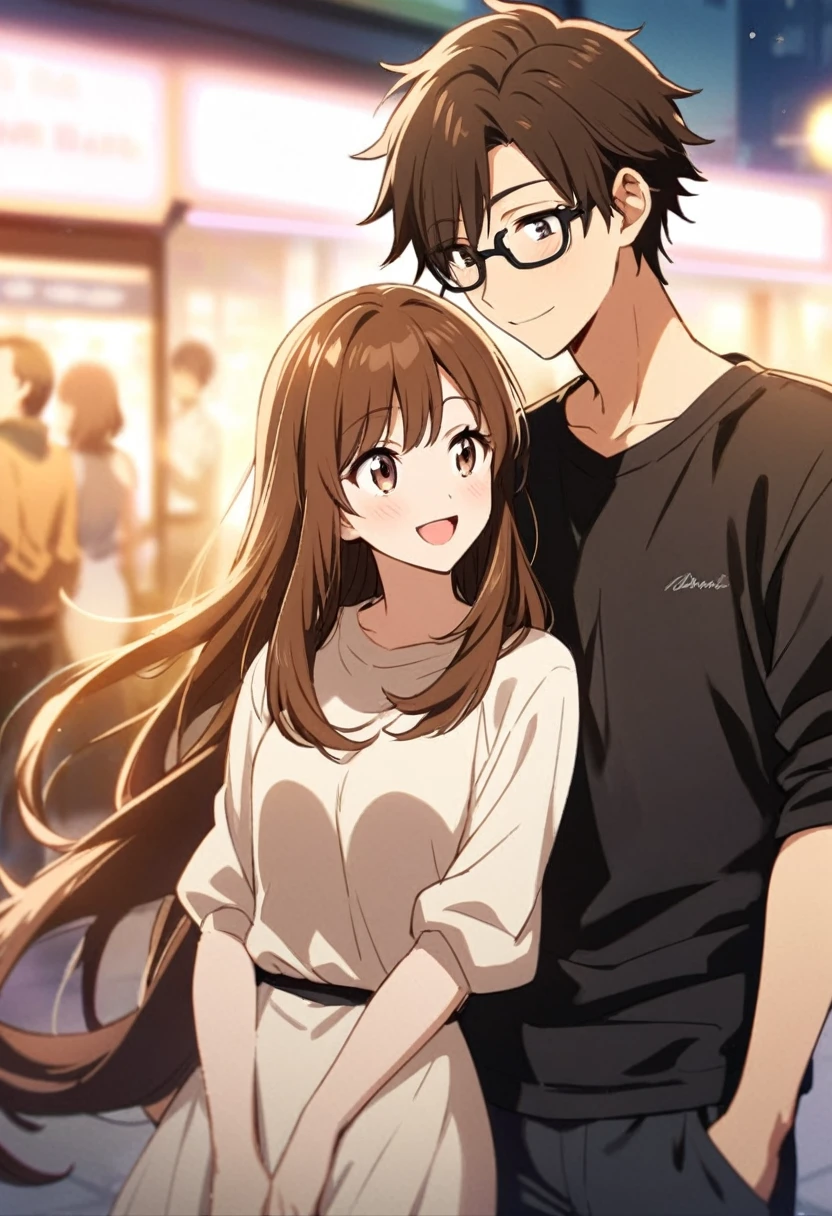 anime, two people, one beautiful female with long brown hair and no glasses, the other person is a male with short dark brown hair and black rimmed glasses, they are boyfriend and girlfriend, both smiling 