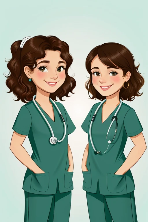 Characters: Two nurses, one with curly light brown hair, the other with dark brown hair. both smiling 
 * outfit: They both wear mint green scrubs..
 * pose: They are standing, Looking forward
 * bottom: A simple white background to highlight the characters.
 * style: cartoon, animated