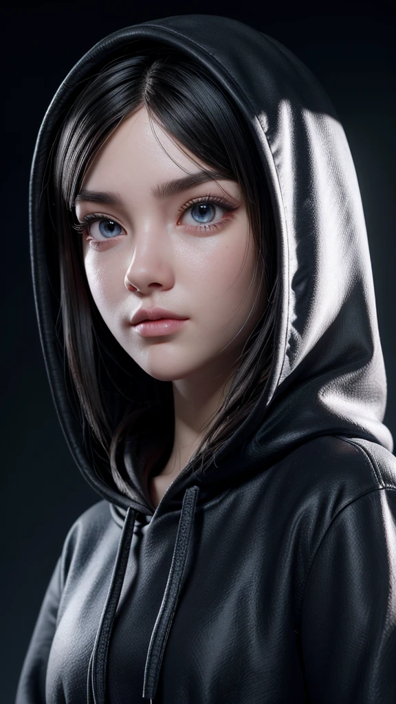 3D girl in a black hoodie with the hood up,cyberpun, with a hacker look gazing forward, dynamic lighting, blurred background,semi realista, extremely detailed face, beautiful detailed eyes, beautiful detailed lips, long eyelashes, highly detailed, 8k, professional, photo-realistic, intricate, cinematic lighting, dramatic shadows, vibrant colors, cinematic composition,mascar cyberpun