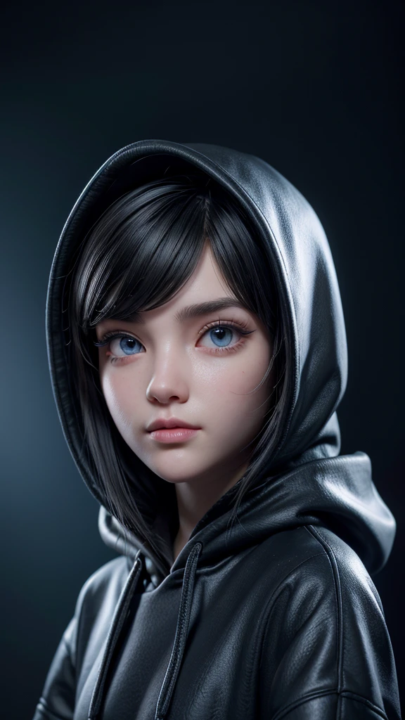 3D girl in a black hoodie with the hood up,cyberpun, with a hacker look gazing forward, dynamic lighting, blurred background,semi realista, extremely detailed face, beautiful detailed eyes, beautiful detailed lips, long eyelashes, highly detailed, 8k, professional, photo-realistic, intricate, cinematic lighting, dramatic shadows, vibrant colors, cinematic composition,mascar cyberpun