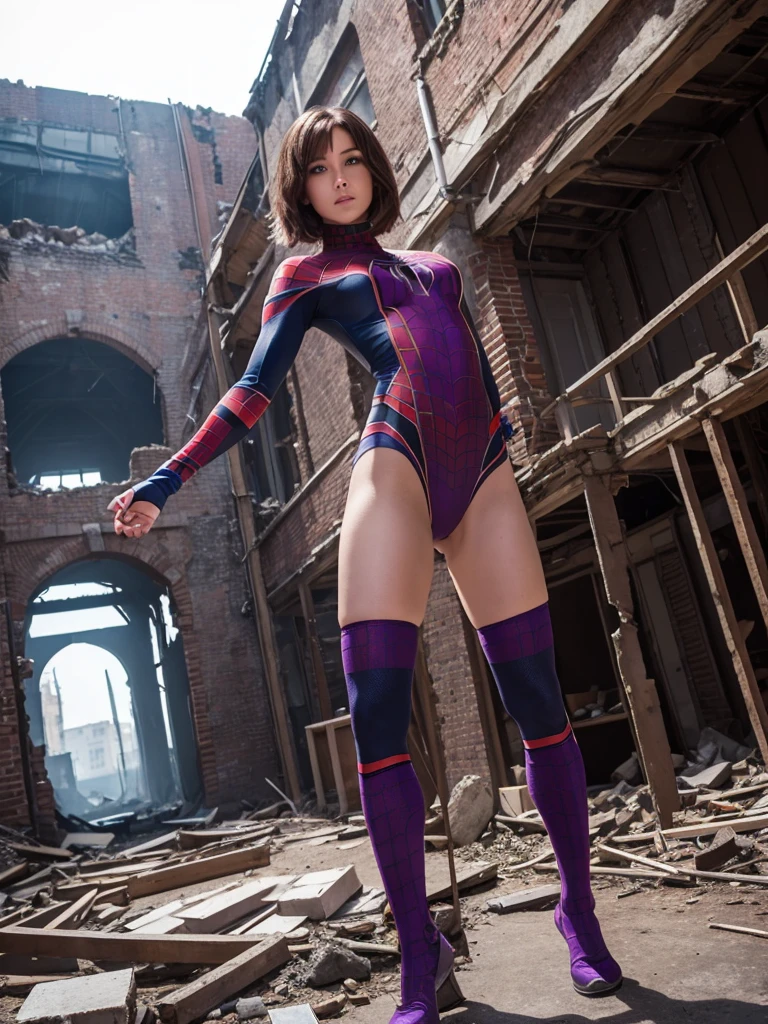 In the ruined building, slim woman, Short brown hair, Purple eyes, Spider-Man 2099 Costume, knee socks, lean foward, masterpiece, high quality