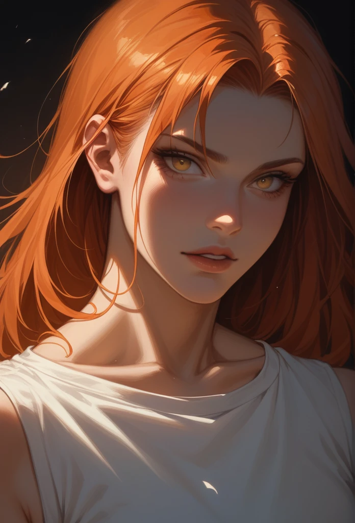 Stylized digital portrait of a  woman with fair skin and straigth ginger hair, the hair  fringe cover  her forehead. The subject is wearing, a white shirt, that is fancy and sexy. she have a confident expression with slightly parted lips and a relaxed posture. The background is a solid, vibrant yellow, which contrasts with the subject's attire. The person ,. The overall composition is bold and striking, with a focus on the subject's face and upper body. easynegative, sinozick style, flat color, dark theme, g4n1m3