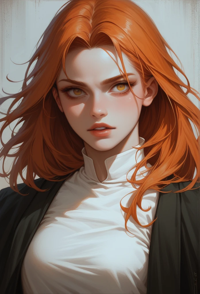 Stylized digital portrait of a  woman with fair skin and straigth ginger hair, the hair  fringe cover  her forehead. The subject is wearing, a white shirt, that is fancy and sexy. she have a confident expression with slightly parted lips and a relaxed posture. The background is a solid, vibrant yellow, which contrasts with the subject's attire. The person ,. The overall composition is bold and striking, with a focus on the subject's face and upper body. easynegative, sinozick style, flat color, dark theme, g4n1m3