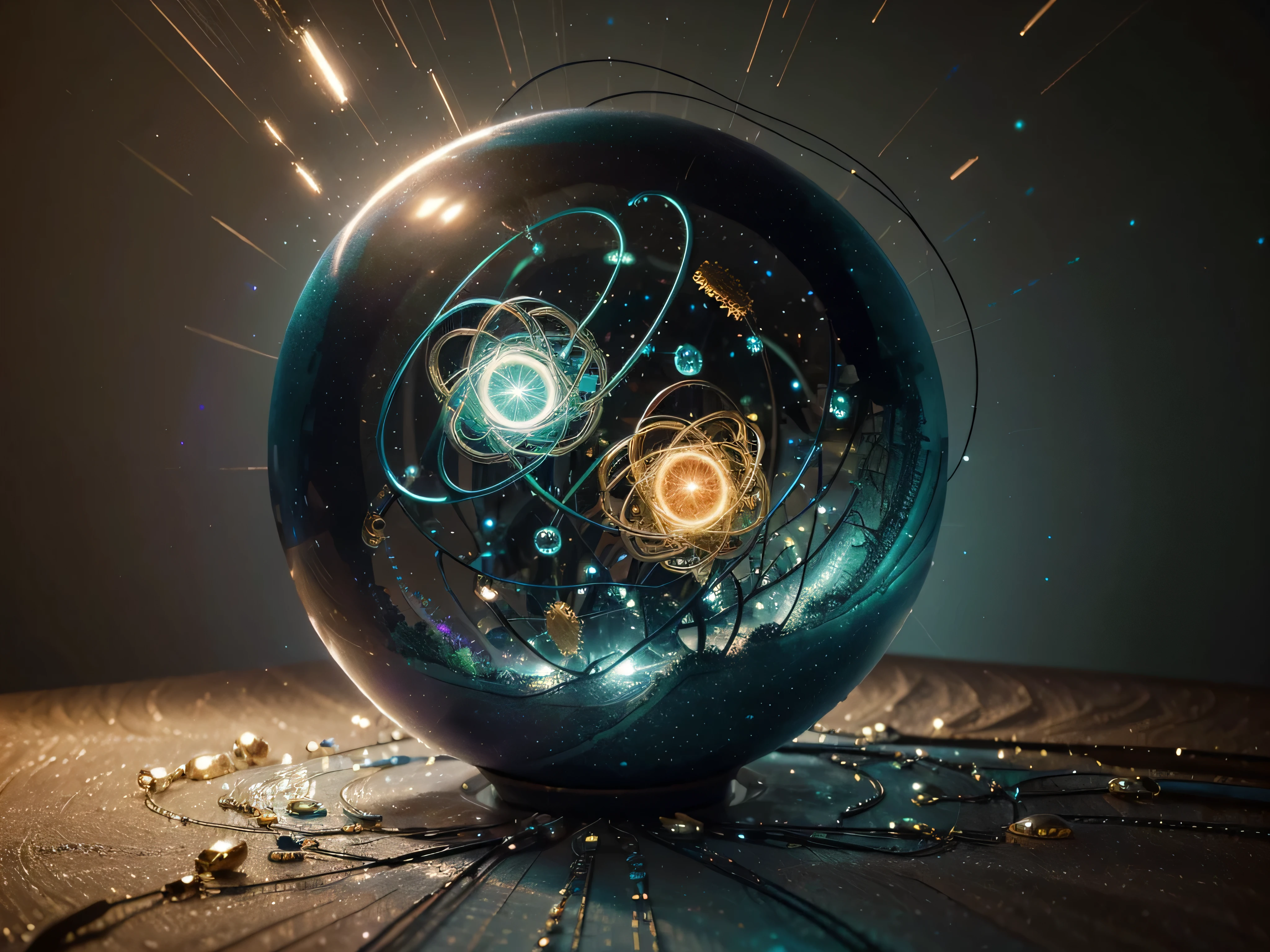 A whimsically futuristic quantum communication device, intricately composed of swirling metallic tendrils and glowing gem-like orbs, is depicted in a captivating acrylic painting. The image evokes a sense of technological marvel and otherworldly beauty. The device appears to be suspended in midair, surrounded by a soft, ethereal glow that highlights its intricate details. The colors are rich and vibrant, with a shimmering cascade of blues, greens, and purples merging seamlessly. This high-quality image exudes a sense of wonder and possibility, inviting viewers to imagine the endless possibilities of advanced communication technology.