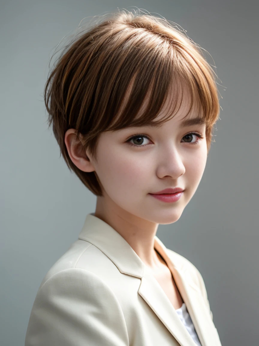 realistic light,natural light,white background,최고 quality、8 thousand、32,000、masterpiece、uhd:1.2) quality, primitive photorealism, laugh, Beautiful girl, cute, Short hair, depth of field, high resolution, ultra detail, Highly detailed eyes and face,small eyes,Short hair,short cut,short hair,Ivory Jacket