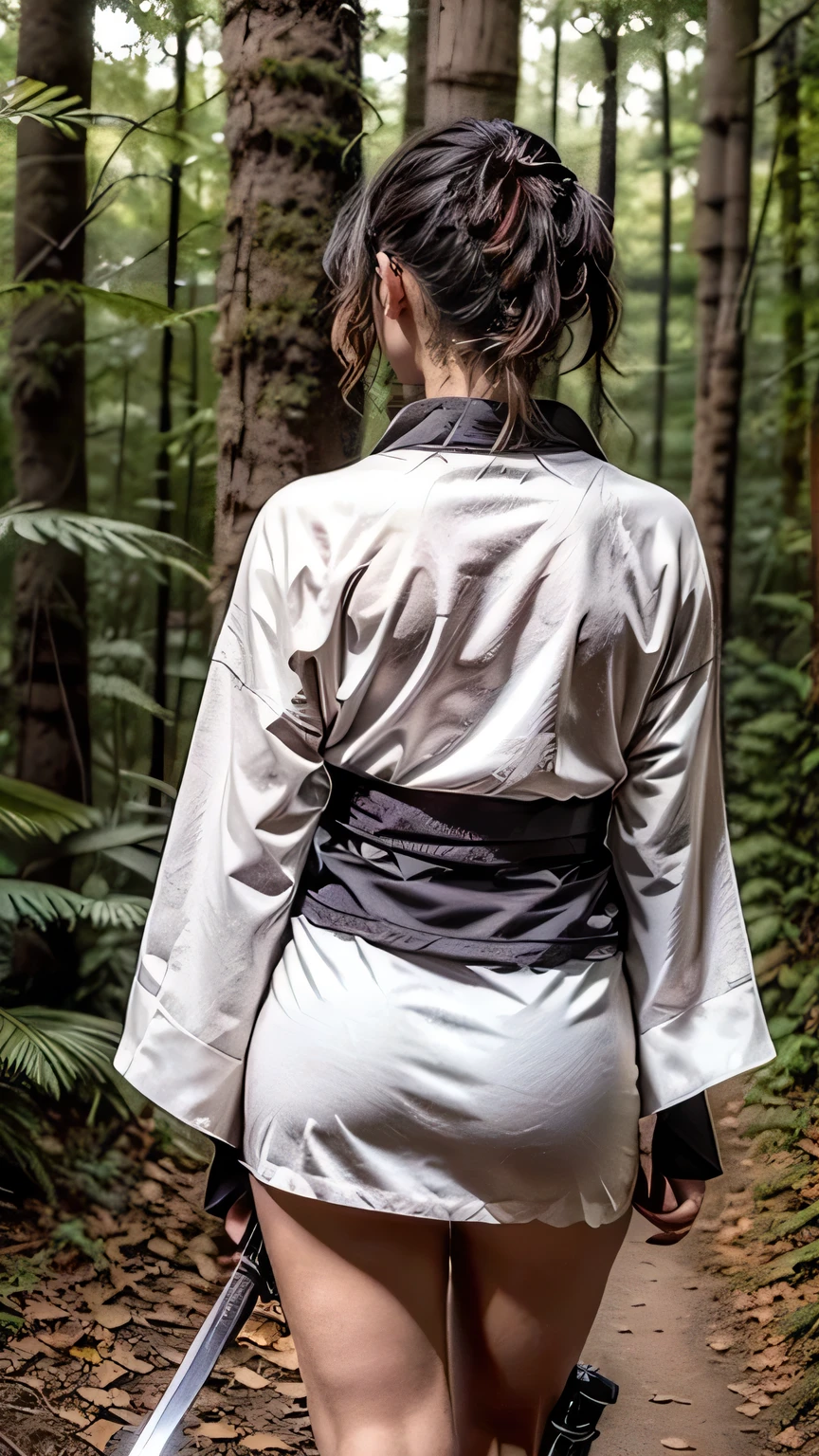(was:1.3、((A female ninja standing in a fighting position with a weapon in the forest:1.5)、With background)、(Female ninja with a sword:1.5))、(Realistic、Like a photograph、Live Action、8k, Realistic, RAW Photos, Best image quality: 1.4), Single-lens reflex camera、RAW Photos, Highest quality, Realistic, Highly detailed CG Unity 8k wallpaper, Written boundary depth, Cinematic Light, Lens flare, Ray Tracing, Realistic background、(kunoichi:1.4、White floral kimono::1.5、p-line:1.3)、Grey Hair、short hair、Short Ponytail、((Ultra-Dense Skin))、 1 girl,Cute Kunoichi、(whole body:1.5)、I like that style、Pay attention to the details、Perfect outfit、(White skin)、Accurate Arm、Accurate feet、Beautiful legs、Precise thighs、Anatomically correct body、View from behind