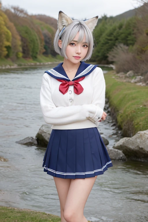 (Silver Hair))、((short hair))、Fox Ears、(Sailor suit:1.2),Best image quality、(A strong wind blows my skirt away)、Woman in skirt and sweater posing by a river, Chiho, Japanese Model, Beautiful images, Young beautiful gravure idol, Young Gravure Idol, , shikamimi, sakimichan, A young and slender gravure idol, Nakai Tsubasa'style, Yoshitomo Na