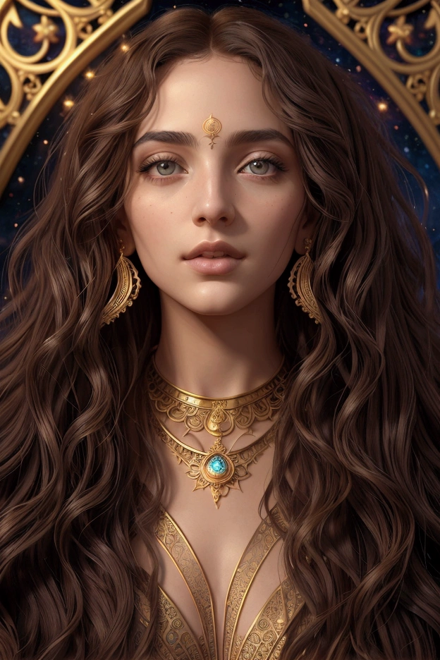 a beautiful detailed girl, long curly hair, dreamy ethereal expression, glowing skin, intricate astrology symbols, zodiac signs, celestial elements, cosmic energy, detailed astrological map, ornate golden frame, dramatic lighting, chiaroscuro, cinematic composition, dramatic shadows, digital painting, vibrant colors, fantasy, dreamlike, mystic, magical realism, masterpiece