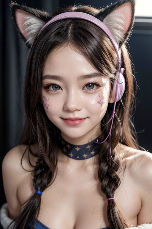 hair bobbles, light smile, facepaint, surgical mask, cat ear headphones, 8k, super detail, best quality