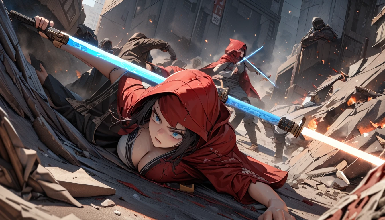 (Super detailed, ultra hd, 8k, best quality, masterpiece, super realistic) girl, alone, red hood, ronin cloth, cyan eye, realistic eye, detailed eye, holding lightsaber (war, collapse, bloodlust, intense situation, serious environment)