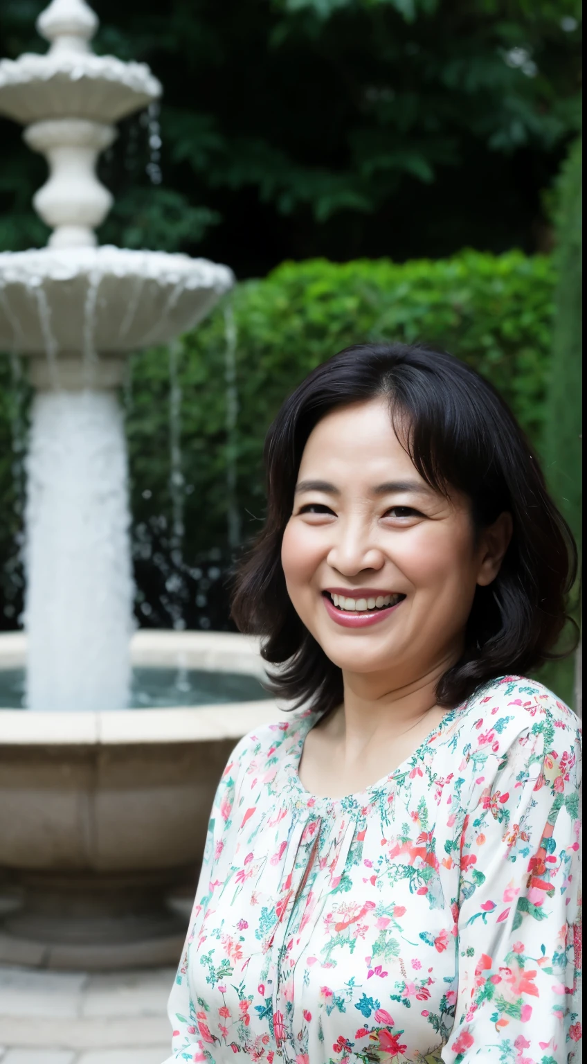 最high quality, In 8K, whole body, Real, Upper Body, high quality, High resolution, Detailed face, Detailed eyes, Thick lips, (Look at the viewers), alone, Middle-aged women, , 60 years old, , Wavy Hair, , Wearing short sleeves, Standing in front of a fountain, Wrinkles around the eyes, Smiling with teeth showing, Background Blur